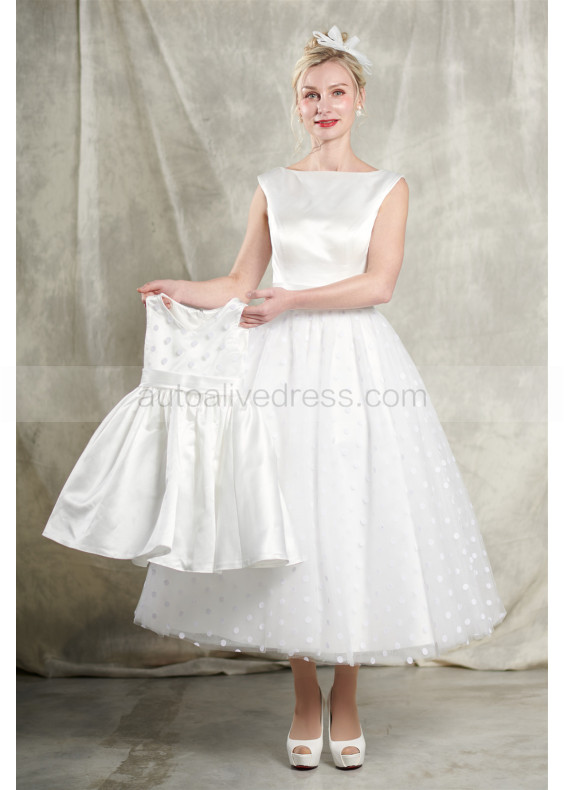 Ivory Satin Polka Dots Tulle V Back Tea Length Wedding Dress